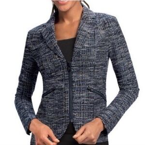 CAbi Women's Black Blue White Tweed Zip-Up Modern Blazer Suit Jacket